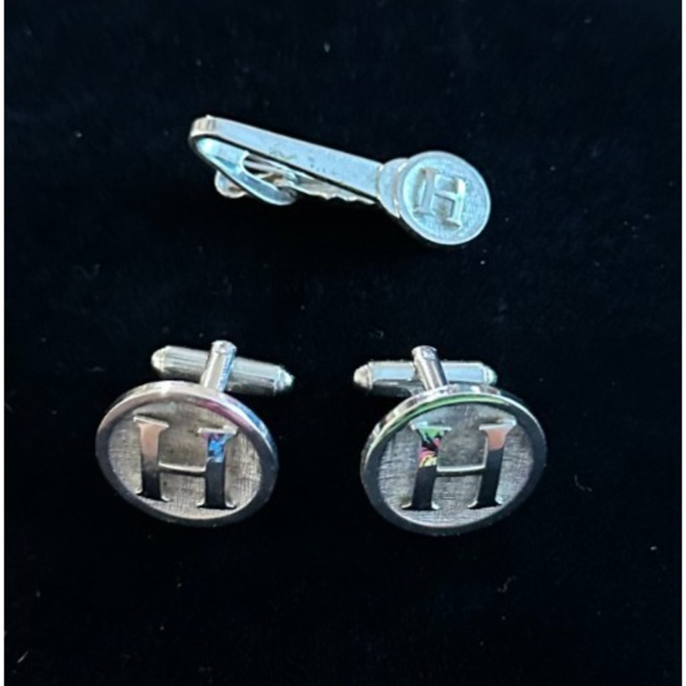 Vintage‎ SHIELDS Letter Initial "H" Tie Clip Cufflinks Round Monogram Jewelry